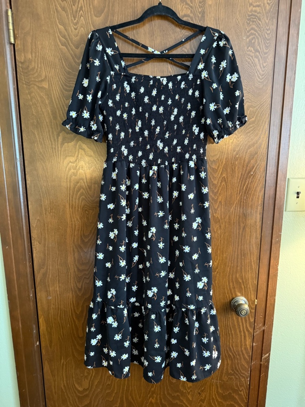 Black Floral Midi Dress with Puff Sleeves